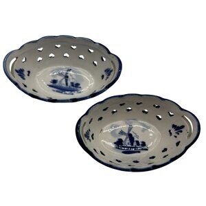 Dutch Delft Style Blue & White Ceramic Pierced Oval Bowls With Windmill Design